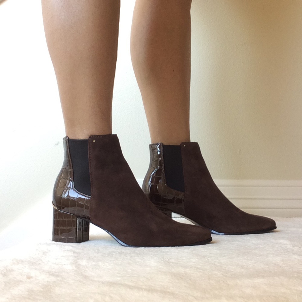 Calvin Klein Brown Suede and Croc Patent Booties